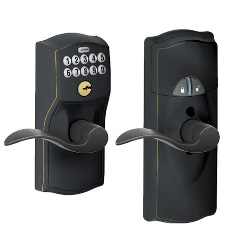 Schlage Schlage: LiNK Wireless Keypad Z-Wave Lever Lock, Keypad Camelot Body Accent Lever, Aged Bronze SCH-FE599NXCAM716ACC